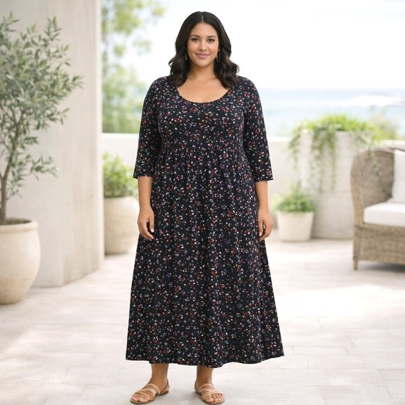 Ulla Popken Dresses & Skirts - Ulla Popken Floral Midi Dress Women Black Red Blue Empire Waist Plus Sz 36/38 4X